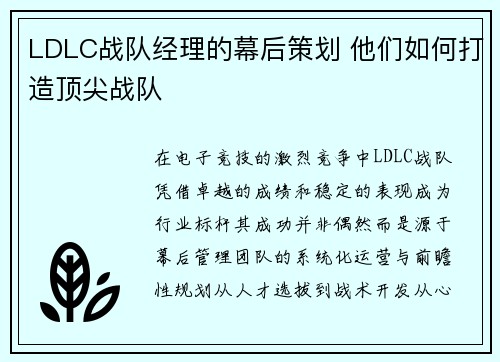 LDLC战队经理的幕后策划 他们如何打造顶尖战队